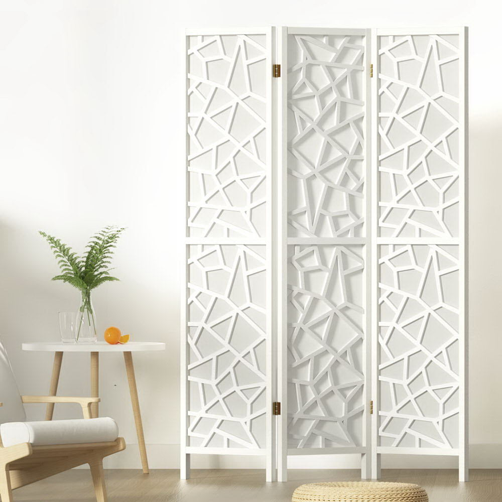 3 Clover Panel Pine Wood Room Divider Privacy Screen - White Homecoze