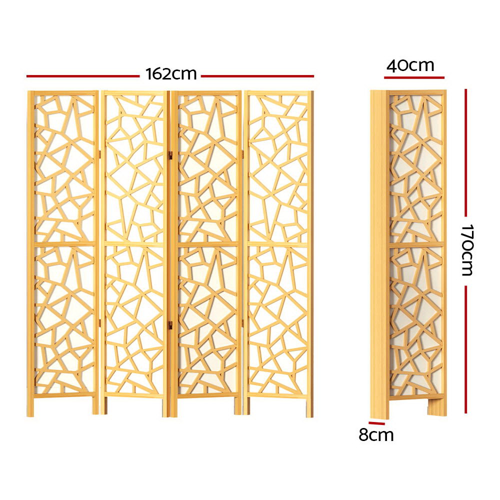 4 Clover Panel Pine Wood Room Divider Privacy Screen - Natural Homecoze
