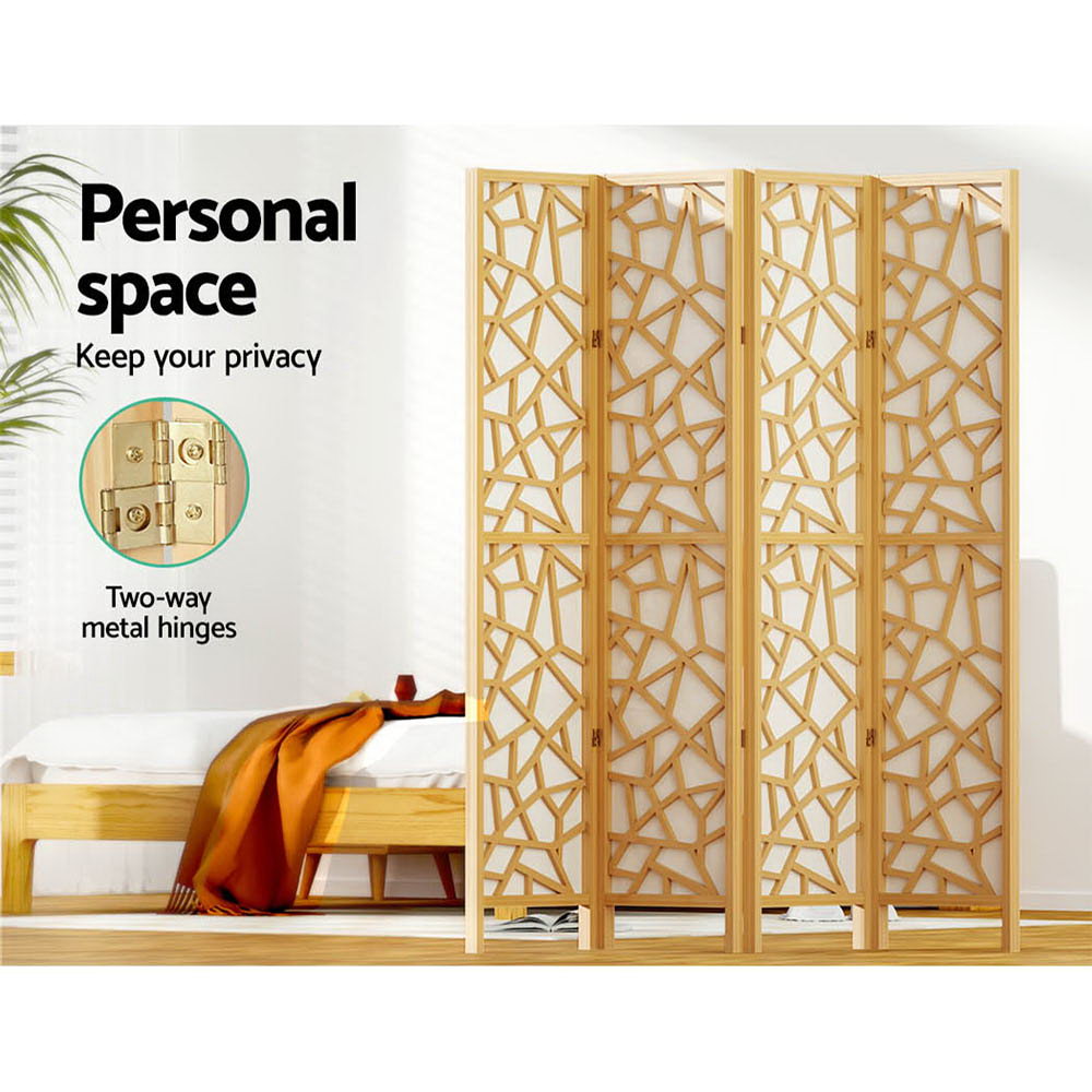 4 Clover Panel Pine Wood Room Divider Privacy Screen - Natural Homecoze