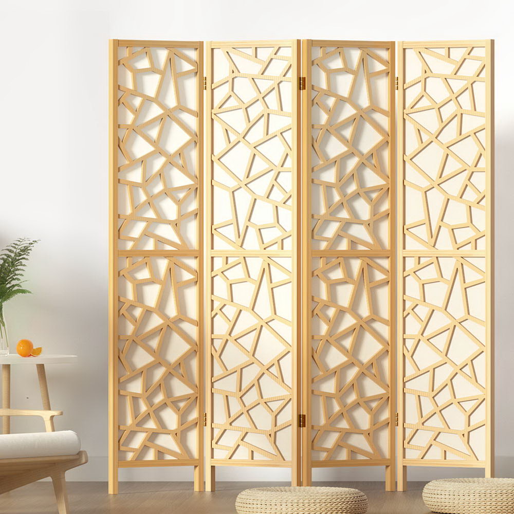 4 Clover Panel Pine Wood Room Divider Privacy Screen - Natural Homecoze