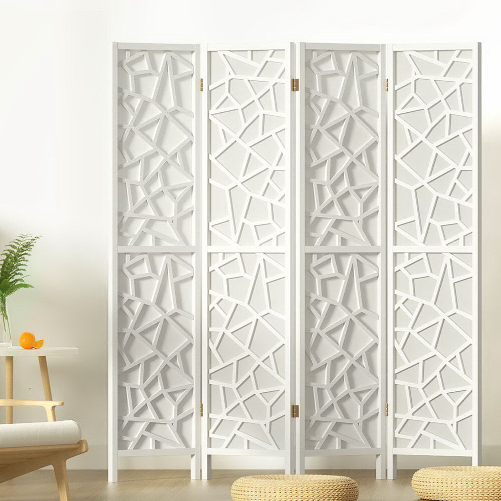 4 Clover Panel Pine Wood Room Divider Privacy Screen - White Homecoze