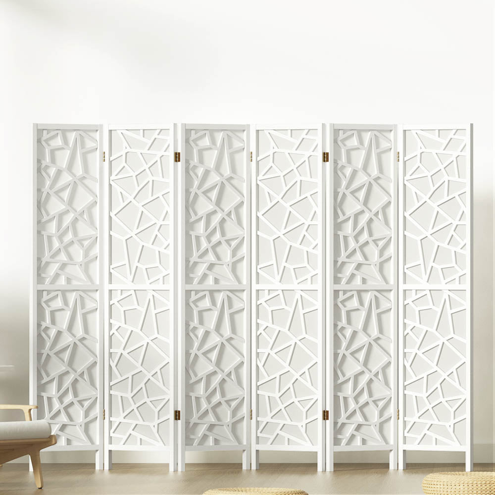 6 Clover Panel Pine Wood Room Divider Privacy Screen - White Homecoze