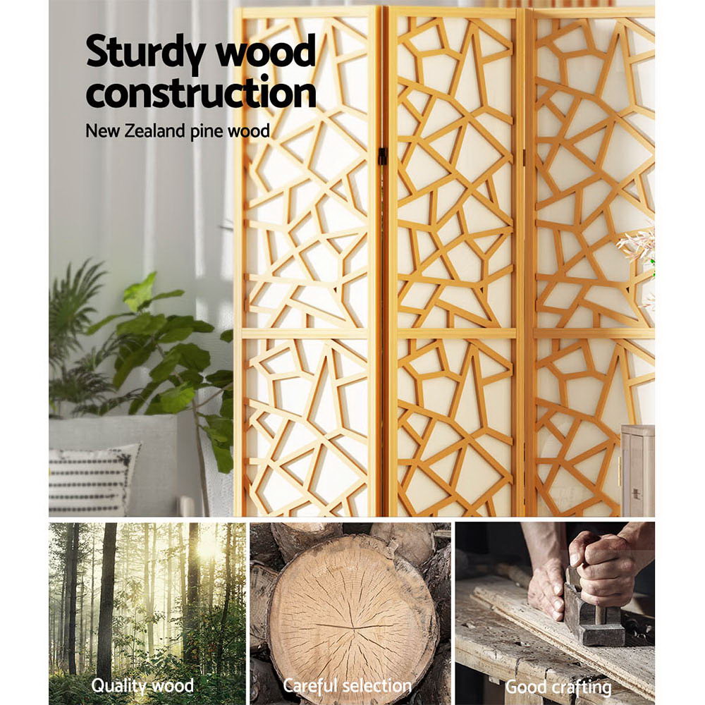 3 Clover Panel Pine Wood Room Divider Privacy Screen - Natural Homecoze