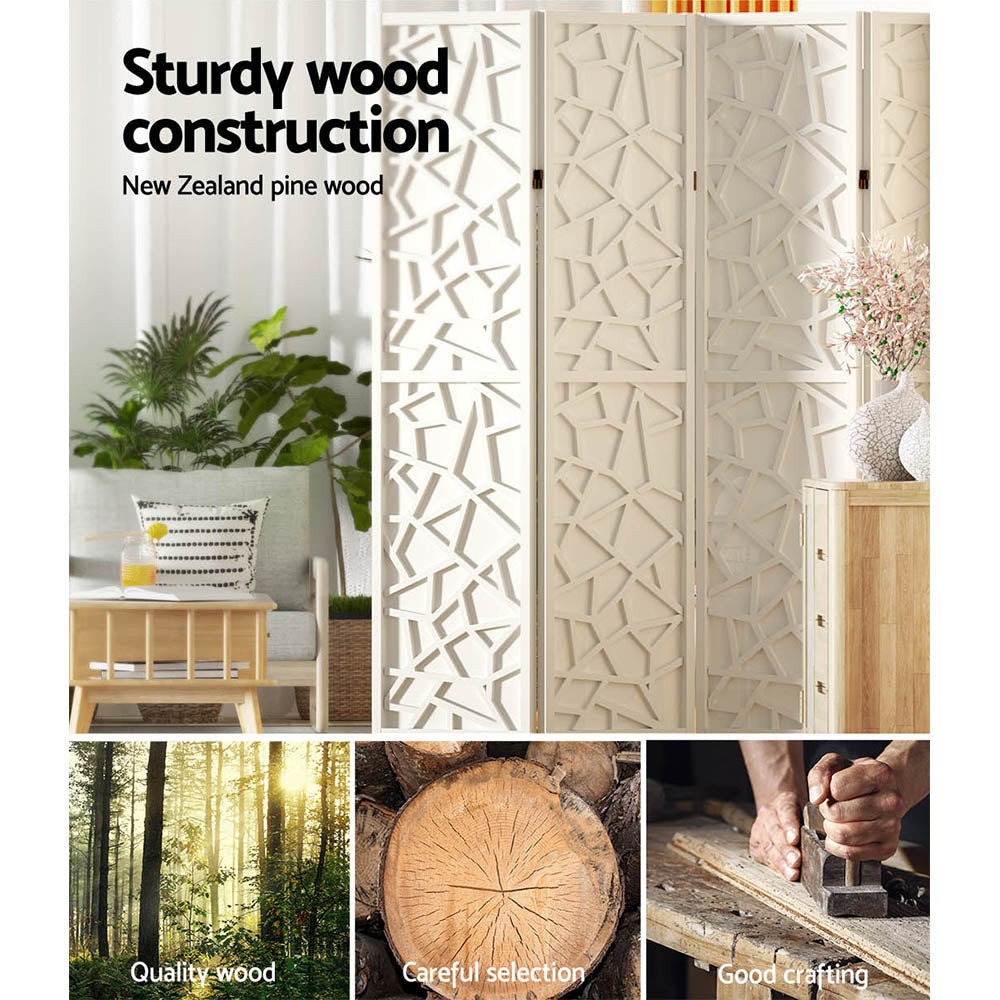 8 Clover Panel Pine Wood Room Divider Privacy Screen - White Homecoze
