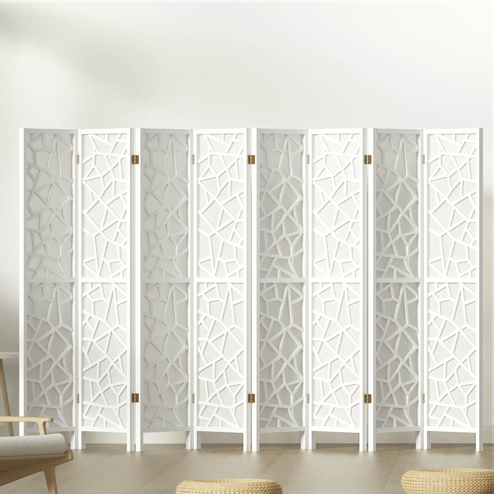 8 Clover Panel Pine Wood Room Divider Privacy Screen - White Homecoze