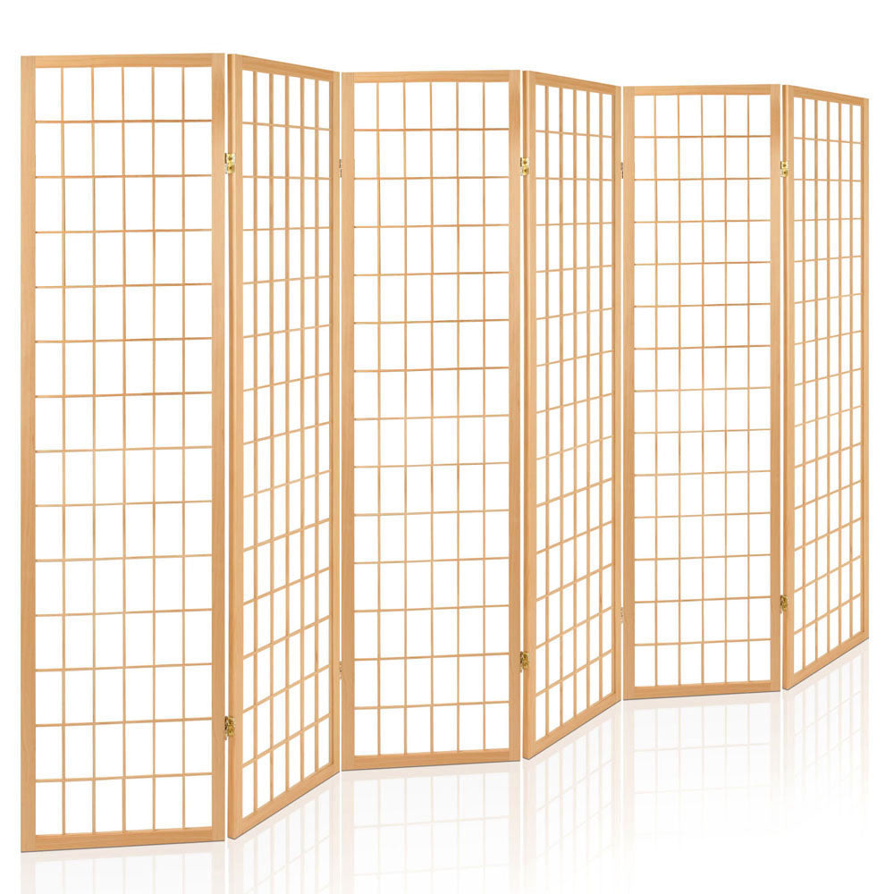 6 Panel Mini Windowpane Pine Wood Room Divider Privacy Screen - Natural Homecoze