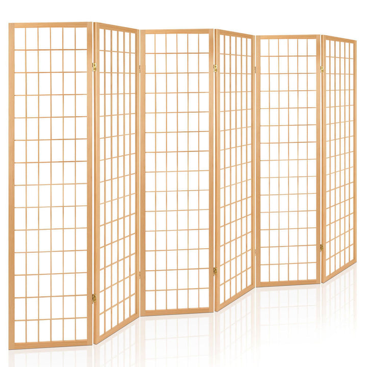 6 Panel Mini Windowpane Pine Wood Room Divider Privacy Screen - Natural Homecoze