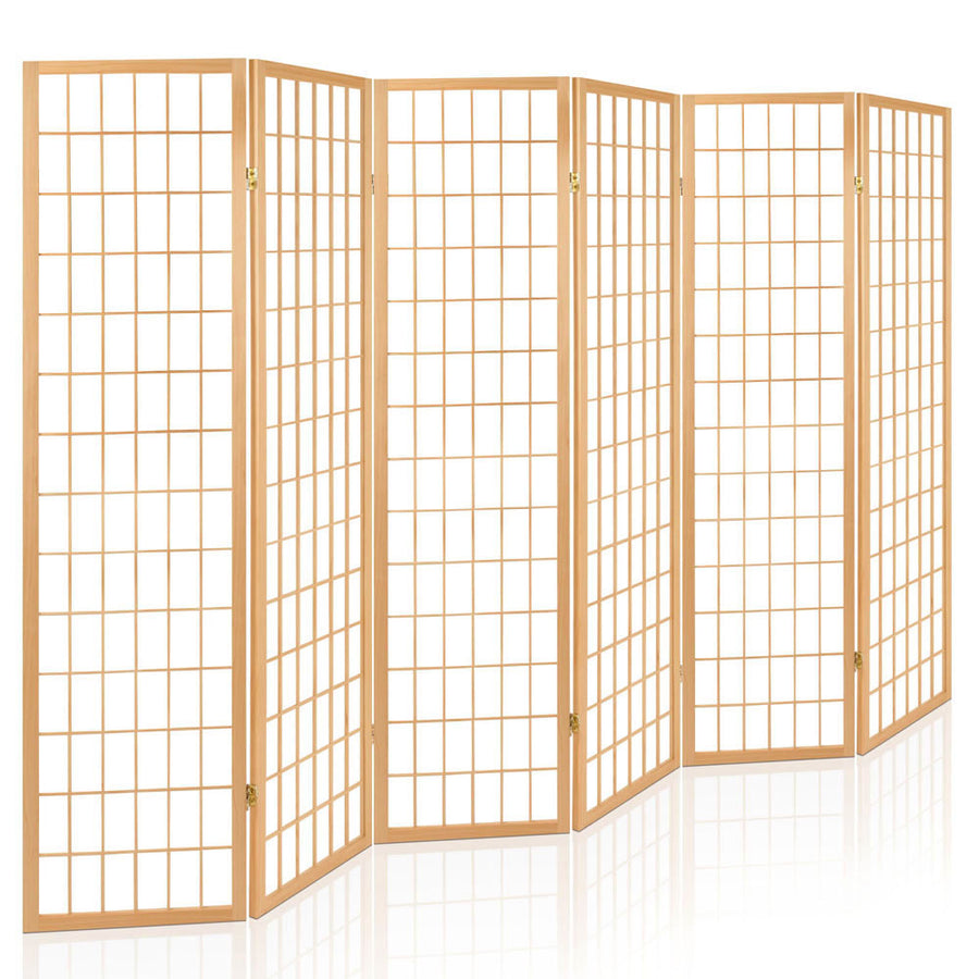 6 Panel Mini Windowpane Pine Wood Room Divider Privacy Screen - Natural Homecoze