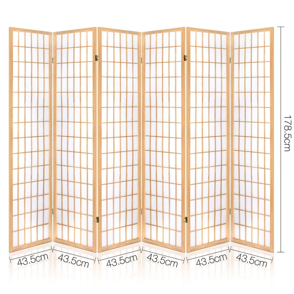 6 Panel Mini Windowpane Pine Wood Room Divider Privacy Screen - Natural Homecoze