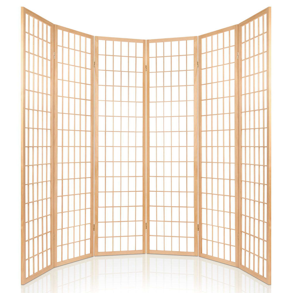 6 Panel Mini Windowpane Pine Wood Room Divider Privacy Screen - Natural Homecoze
