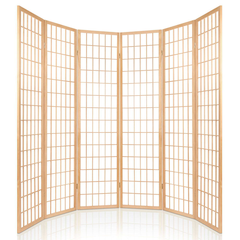 6 Panel Mini Windowpane Pine Wood Room Divider Privacy Screen - Natural Homecoze