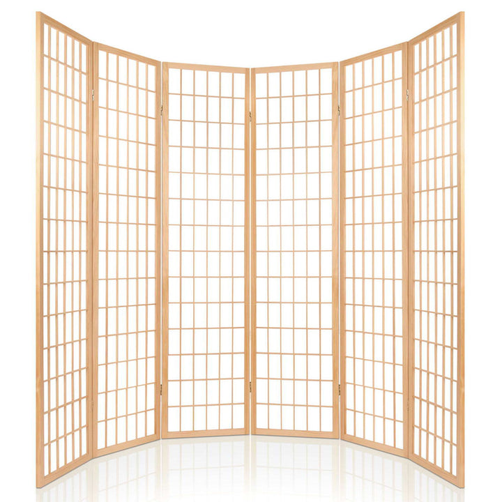 6 Panel Mini Windowpane Pine Wood Room Divider Privacy Screen - Natural Homecoze