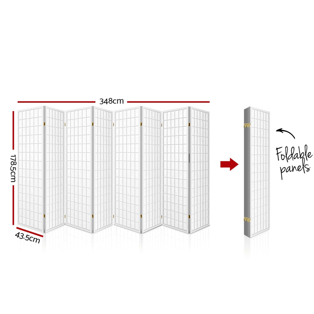 8 Wide Panel Wooden Room Divider Privacy Screen - White Homecoze