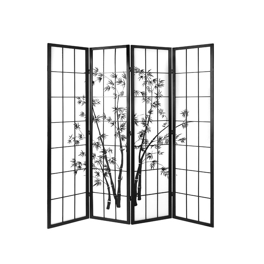4 Panel Japanese Bamboo Style Pine Wood Room Divider Privacy Screen - Black Homecoze