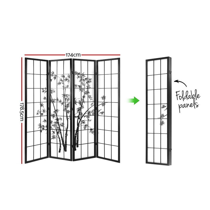 4 Panel Japanese Bamboo Style Pine Wood Room Divider Privacy Screen - Black Homecoze