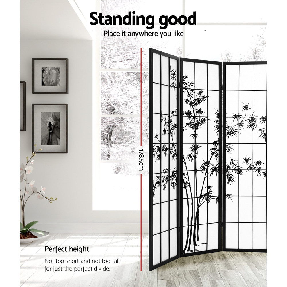 4 Panel Japanese Bamboo Style Pine Wood Room Divider Privacy Screen - Black Homecoze