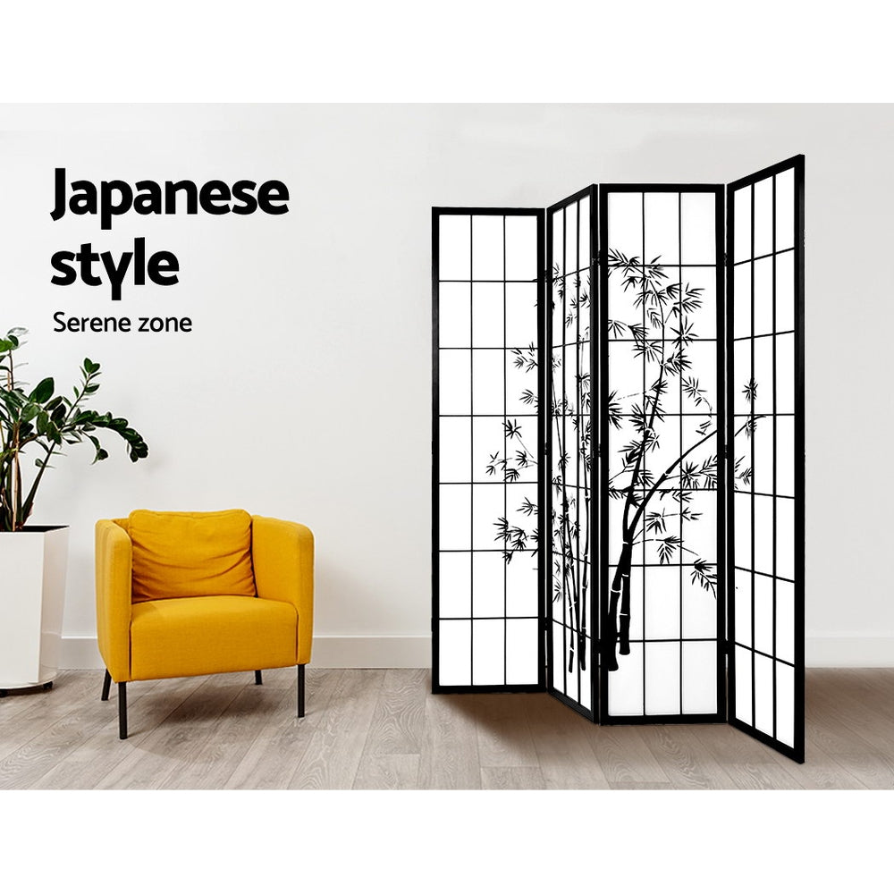 4 Panel Japanese Bamboo Style Pine Wood Room Divider Privacy Screen - Black Homecoze