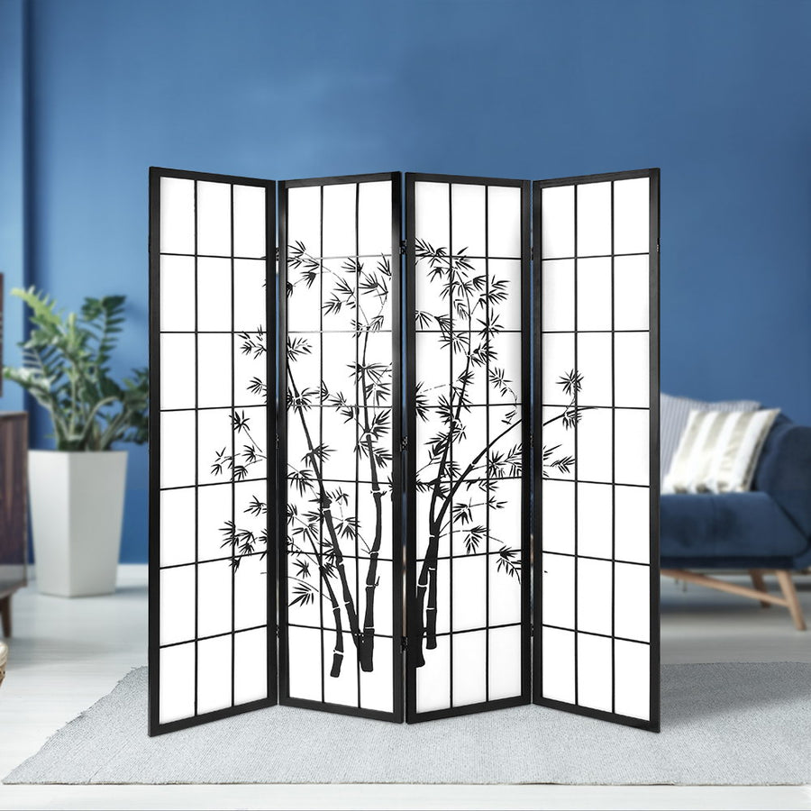 4 Panel Japanese Bamboo Style Pine Wood Room Divider Privacy Screen - Black Homecoze