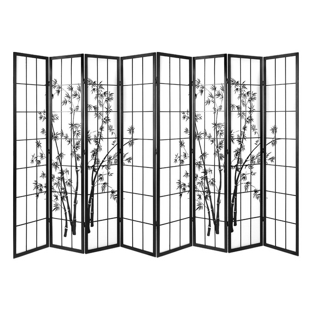 8 Panel Japanese Bamboo Style Pine Wood Room Divider Privacy Screen - Black Homecoze