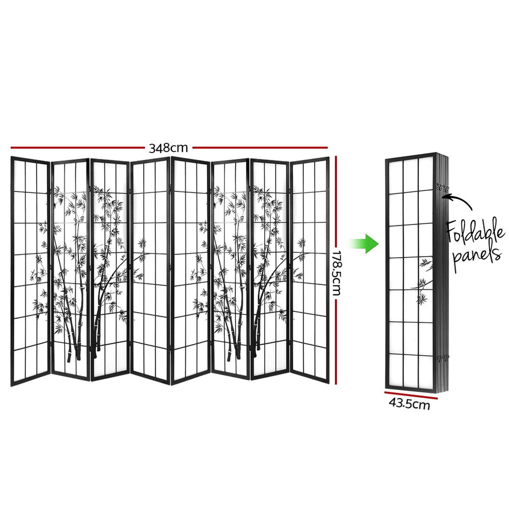 8 Panel Japanese Bamboo Style Pine Wood Room Divider Privacy Screen - Black Homecoze