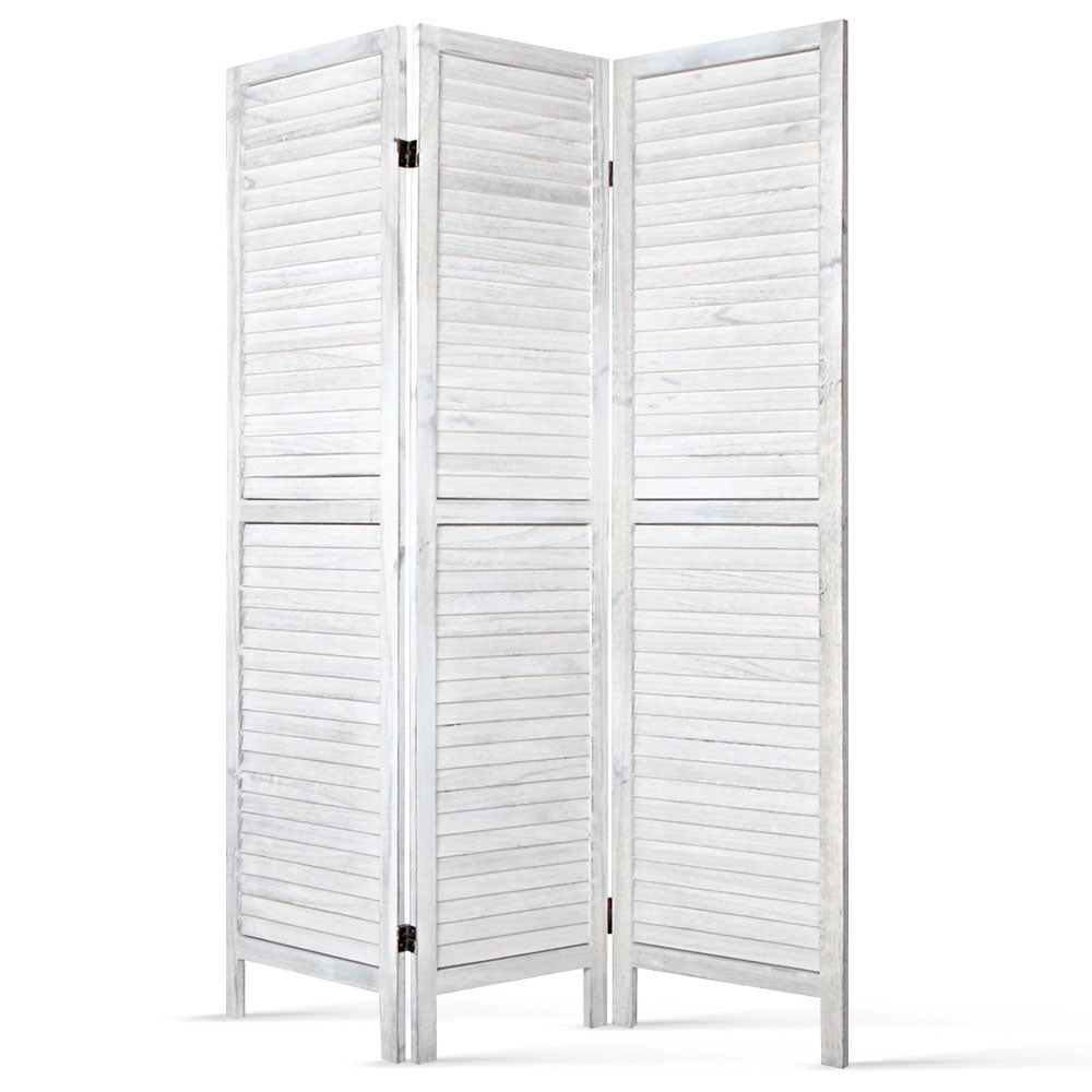 3 Panel Timber Slats Paulownia Wood Room Divider Privacy Screen - White Homecoze