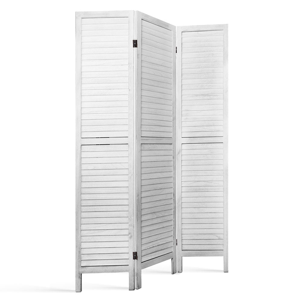 3 Panel Timber Slats Paulownia Wood Room Divider Privacy Screen - White Homecoze