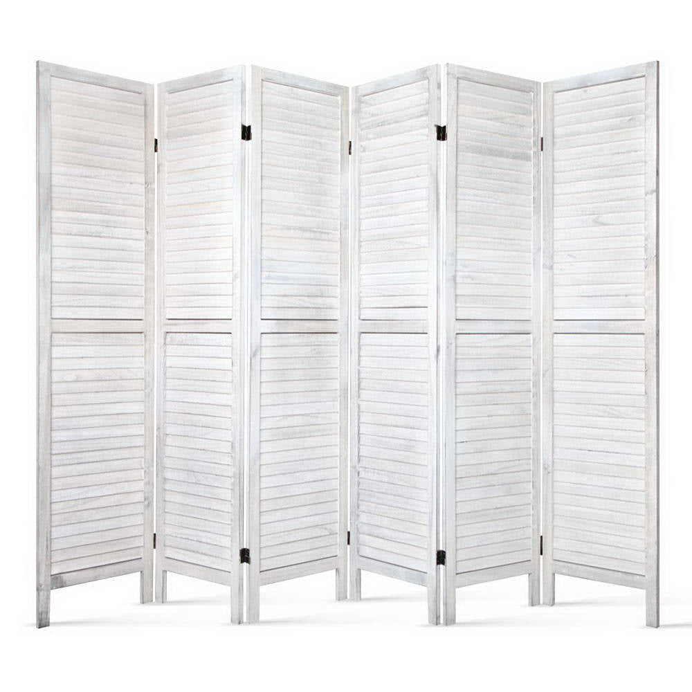 6 Panel Timber Slats Paulownia Wood Room Divider Privacy Screen - White Homecoze
