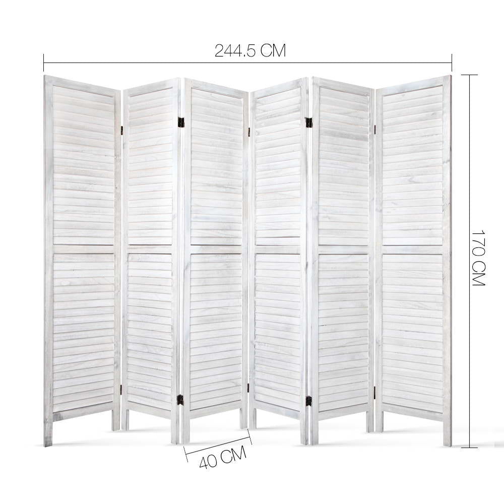 6 Panel Timber Slats Paulownia Wood Room Divider Privacy Screen - White Homecoze