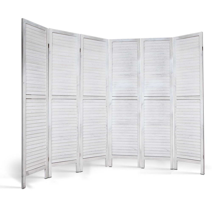 6 Panel Timber Slats Paulownia Wood Room Divider Privacy Screen - White Homecoze