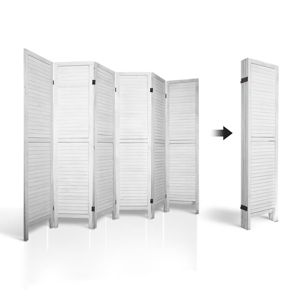 6 Panel Timber Slats Paulownia Wood Room Divider Privacy Screen - White Homecoze