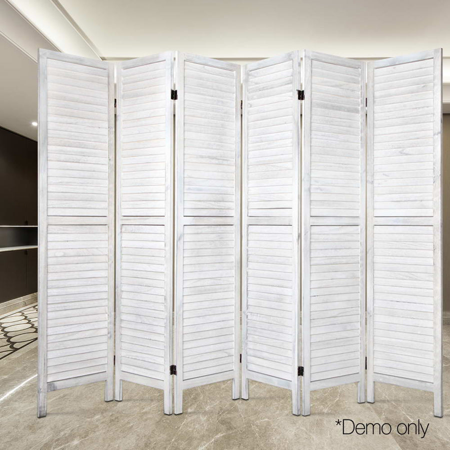 6 Panel Timber Slats Paulownia Wood Room Divider Privacy Screen - White Homecoze Home & Living