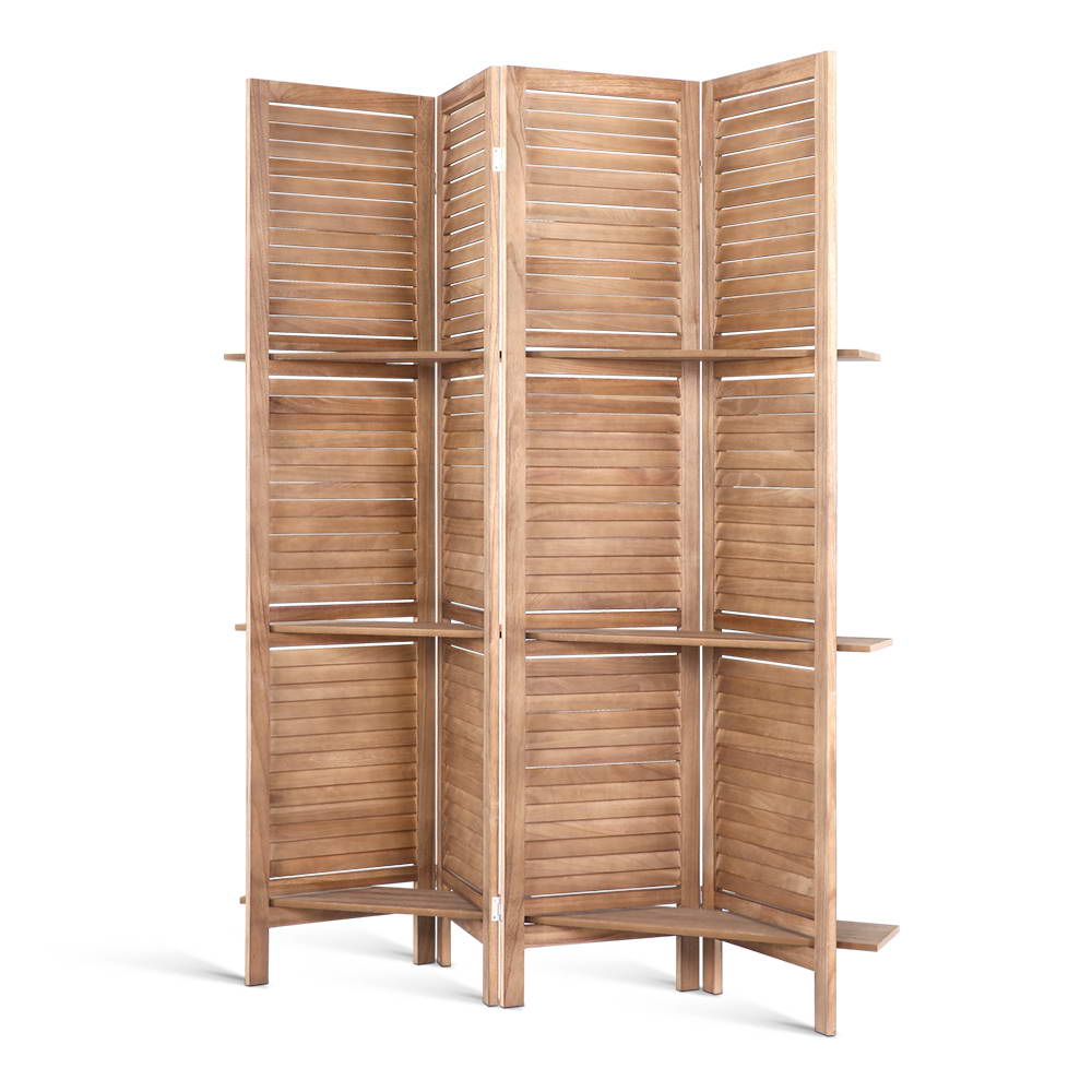 4 Panel Wooden Room Divider Privacy Screen with 3 Tier Shelves - Brown Homecoze