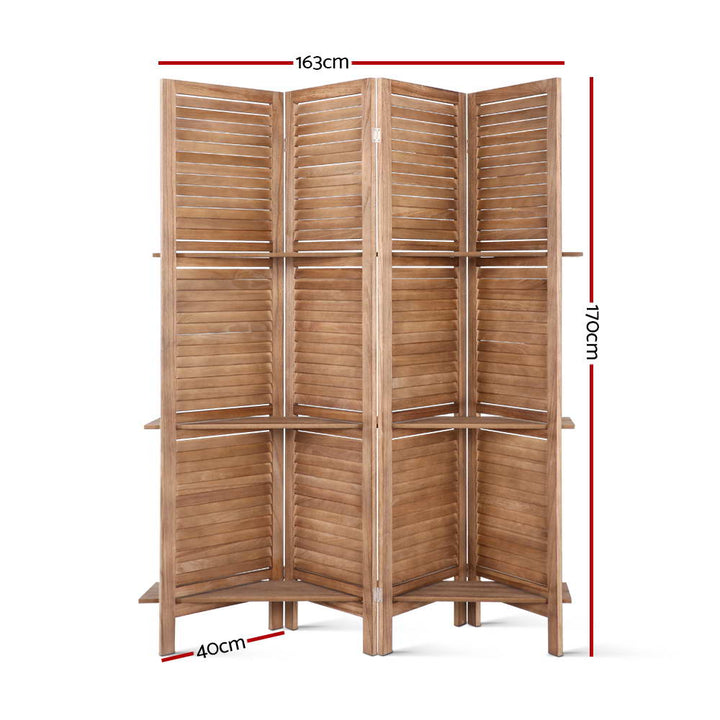 4 Panel Wooden Room Divider Privacy Screen with 3 Tier Shelves - Brown Homecoze