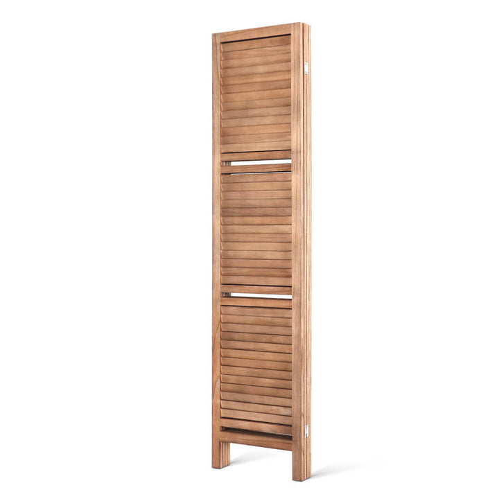 4 Panel Wooden Room Divider Privacy Screen with 3 Tier Shelves - Brown Homecoze