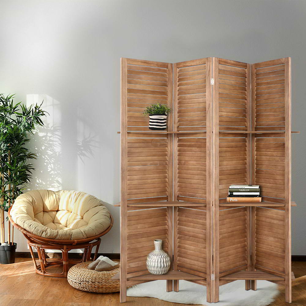 4 Panel Wooden Room Divider Privacy Screen with 3 Tier Shelves - Brown Homecoze