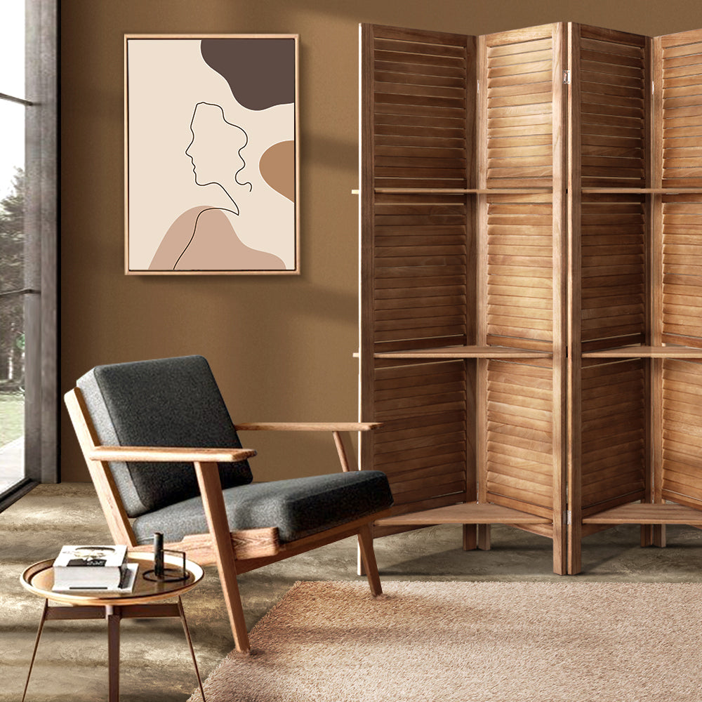 4 Panel Wooden Room Divider Privacy Screen with 3 Tier Shelves - Brown Homecoze