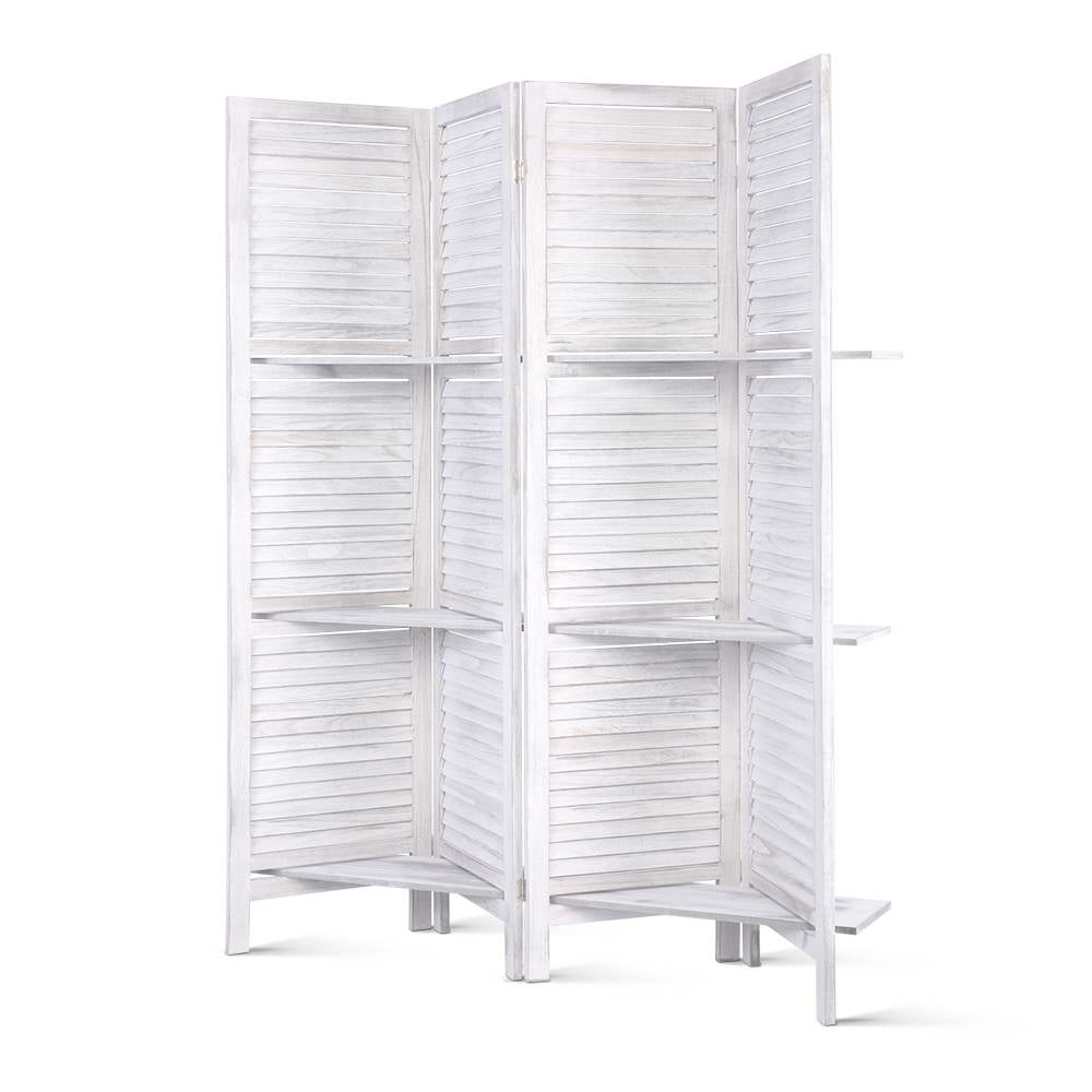 4 Panel Wooden Room Divider Privacy Screen with 3 Tier Shelves - White Homecoze