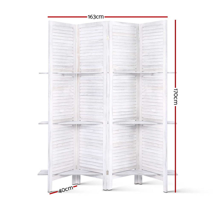 4 Panel Wooden Room Divider Privacy Screen with 3 Tier Shelves - White Homecoze