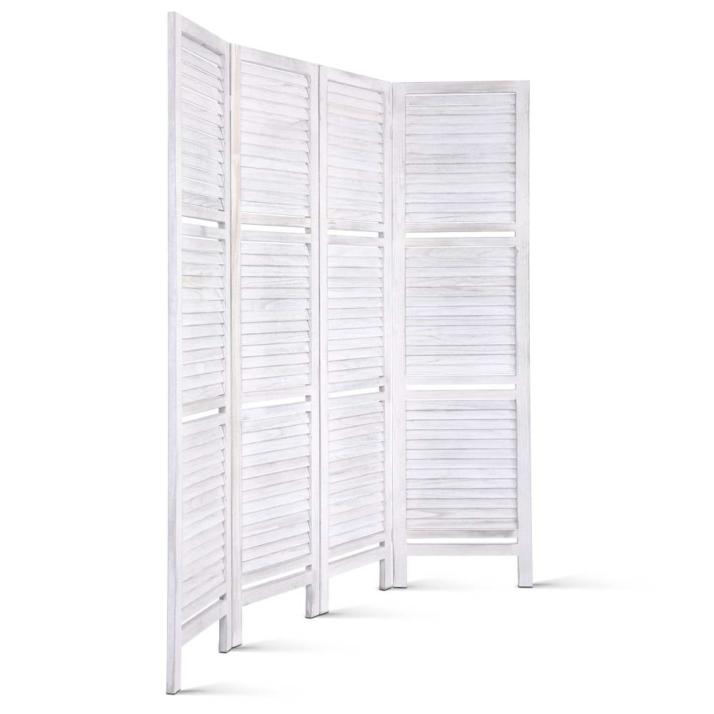 4 Panel Wooden Room Divider Privacy Screen with 3 Tier Shelves - White Homecoze