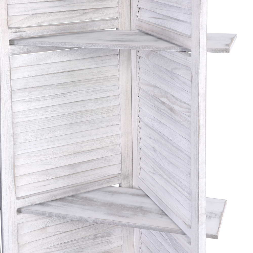 4 Panel Wooden Room Divider Privacy Screen with 3 Tier Shelves - White Homecoze