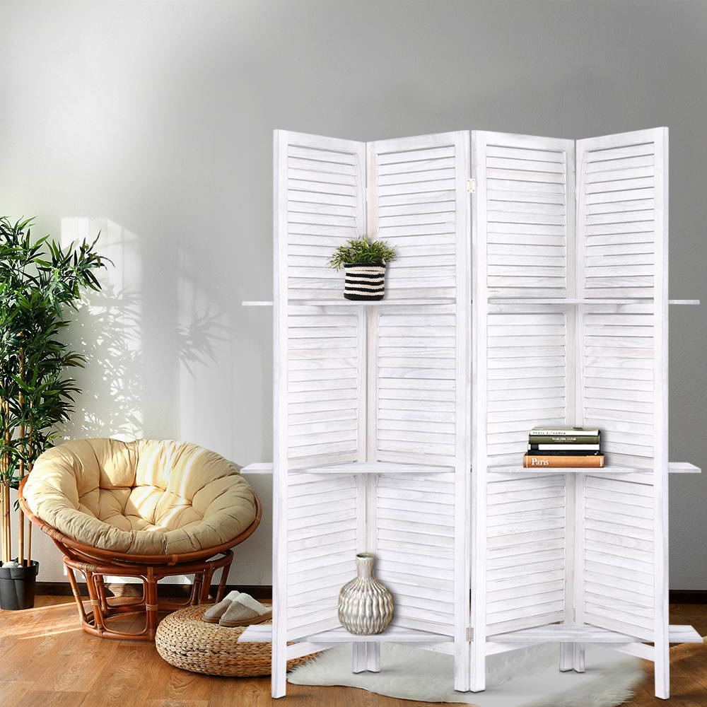 4 Panel Wooden Room Divider Privacy Screen with 3 Tier Shelves - White Homecoze