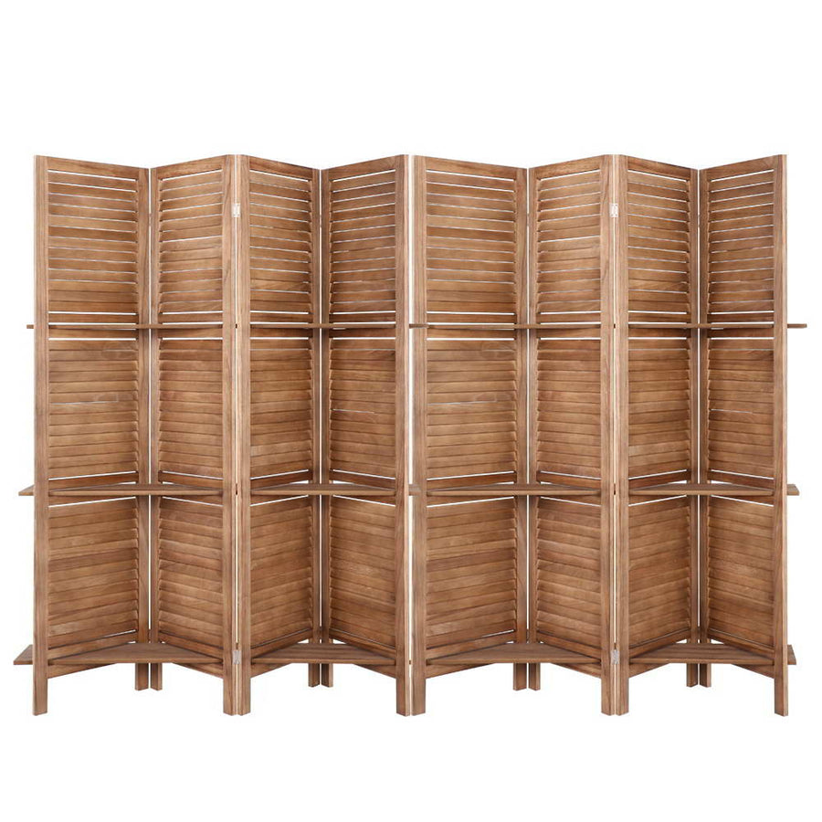 8 Panel Wooden Room Divider Privacy Screen with 3 Tier Shelves - Brown Homecoze