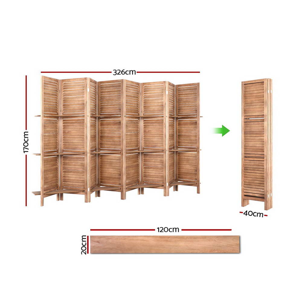 8 Panel Wooden Room Divider Privacy Screen with 3 Tier Shelves - Brown Homecoze
