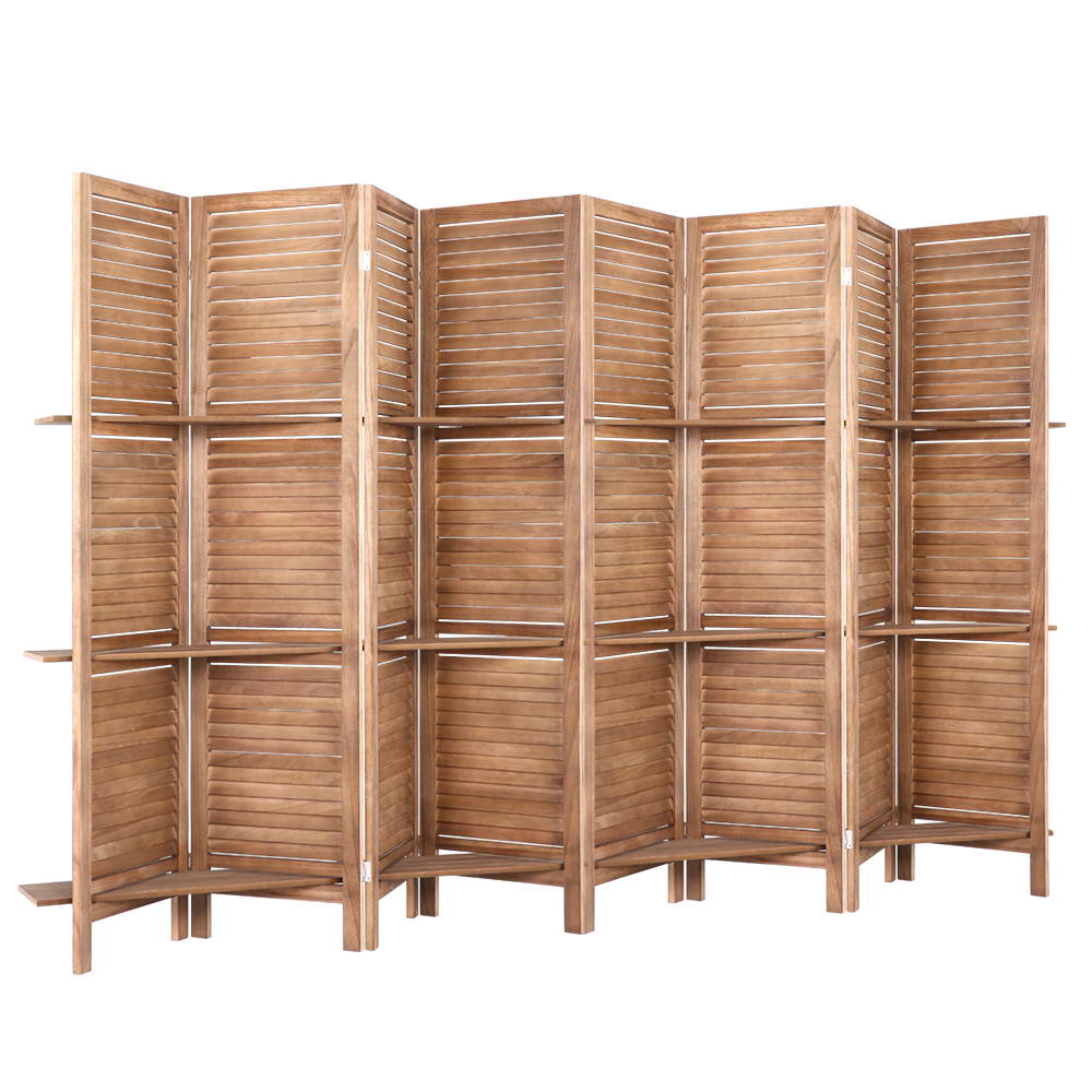 8 Panel Wooden Room Divider Privacy Screen with 3 Tier Shelves - Brown Homecoze