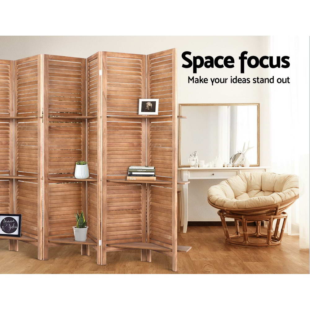 8 Panel Wooden Room Divider Privacy Screen with 3 Tier Shelves - Brown Homecoze