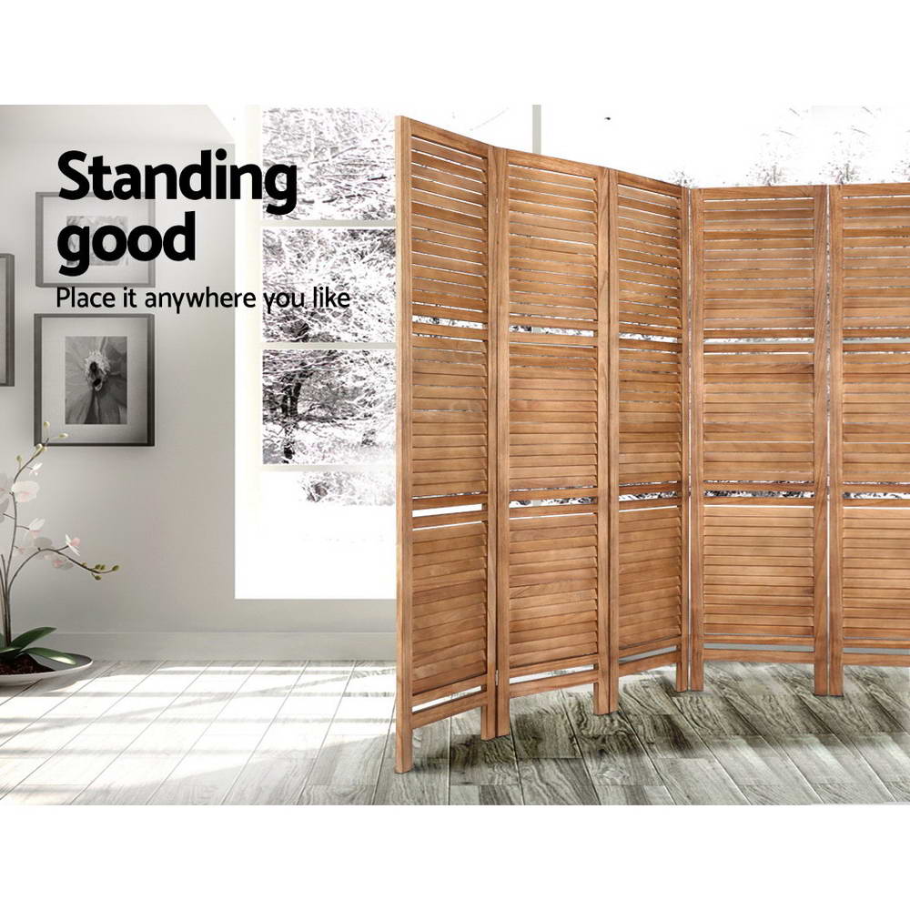 8 Panel Wooden Room Divider Privacy Screen with 3 Tier Shelves - Brown Homecoze