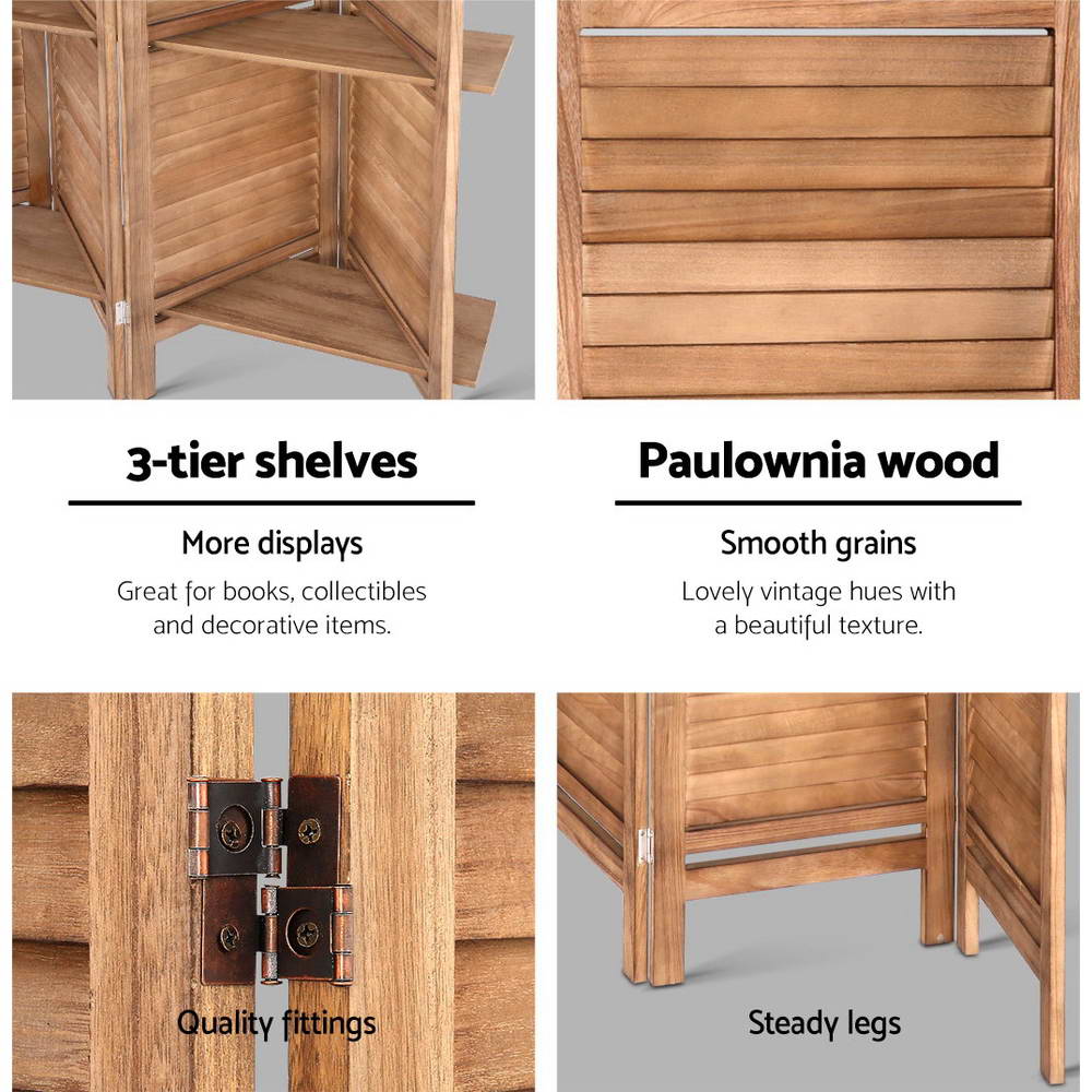 8 Panel Wooden Room Divider Privacy Screen with 3 Tier Shelves - Brown Homecoze