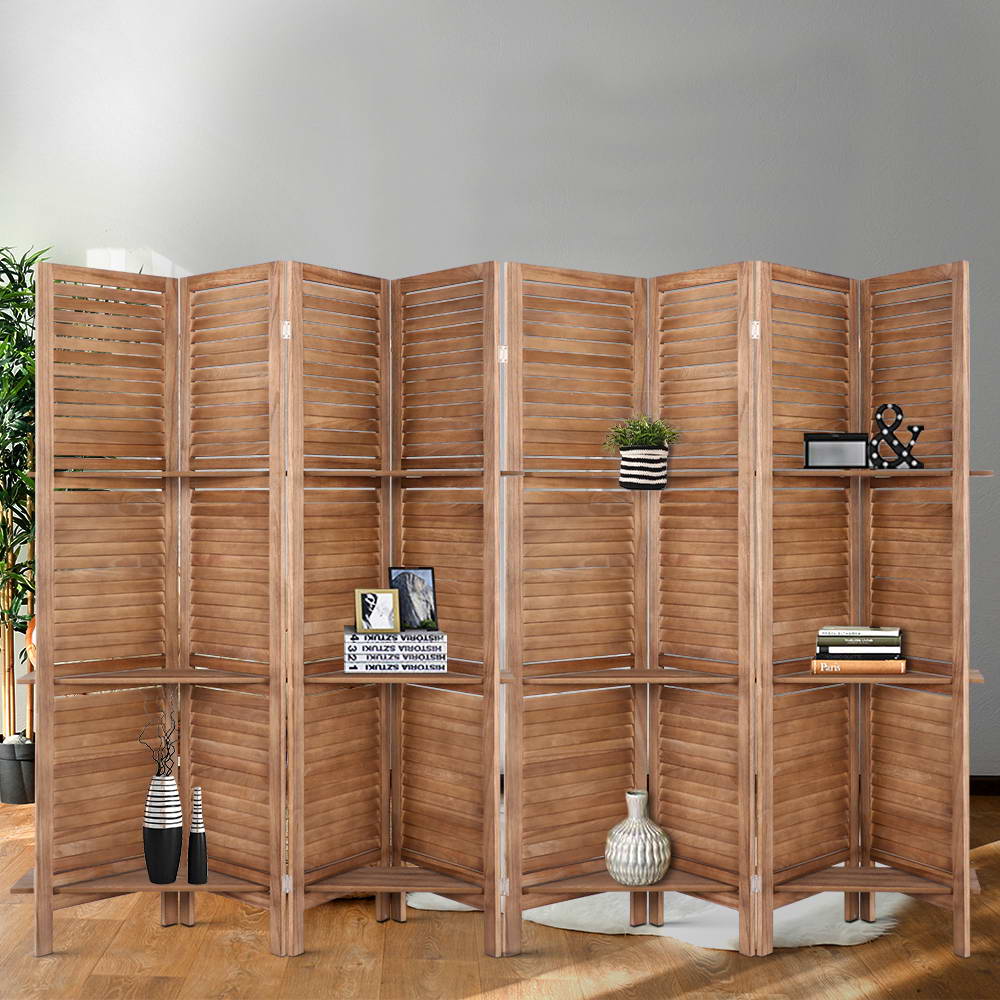8 Panel Wooden Room Divider Privacy Screen with 3 Tier Shelves - Brown Homecoze