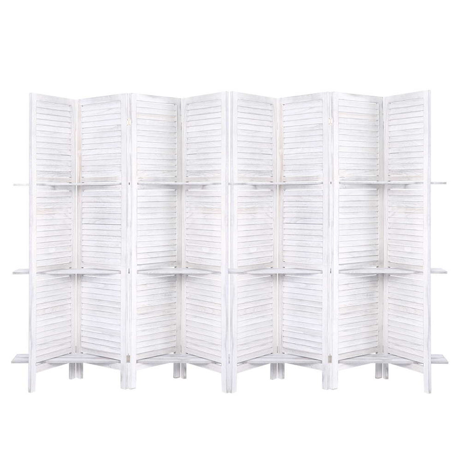8 Panel Wooden Room Divider Privacy Screen with 3 Tier Shelves - White Homecoze