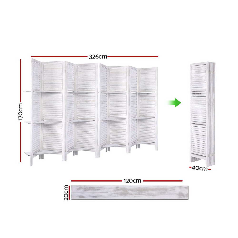 8 Panel Wooden Room Divider Privacy Screen with 3 Tier Shelves - White Homecoze
